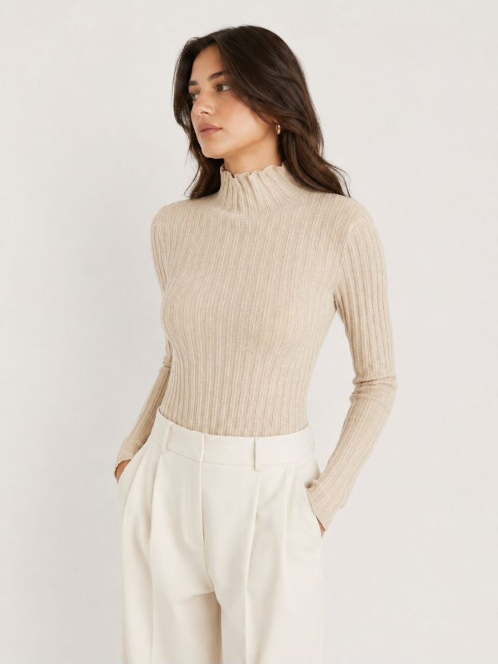 Quince NWT Cotton Cashmere Ribbed Turtleneck Bodysuit Heather Oatmeal Size XS